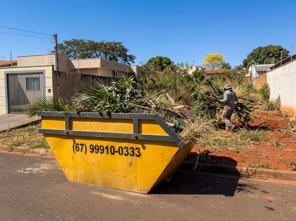 Caçamba com galhos e mato na limpeza de um terreno baldio de terra vermelha