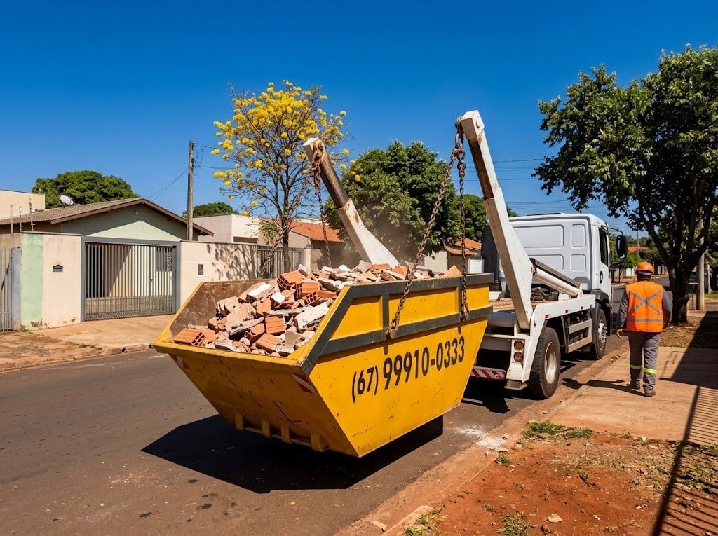 Caminhão recolhendo caçamba cheia de entulho de obra, com trabalhador de colete acompanhando